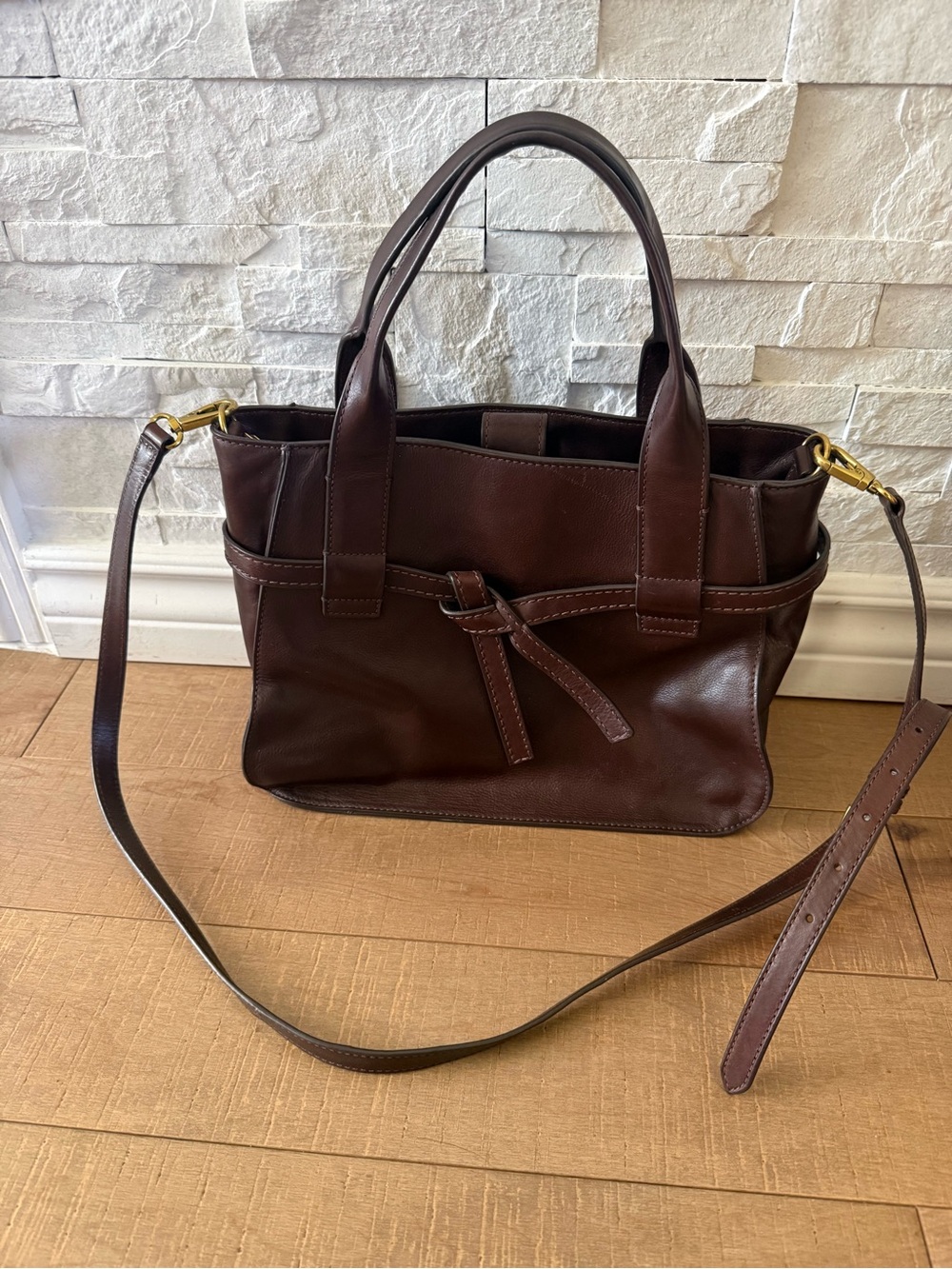 Fossil Brown Leather Tote Bag with Crossbody Straps